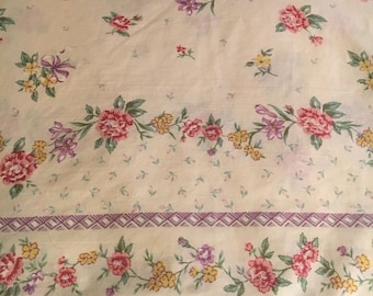 Vtg Full Flat Bed Sheet - Beige with Pink Purple and Yellow Flowers - Cannon