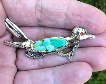 Vintage Jewelry, Vintage Pin Brooch, Road Runner, Silver Tone & Faux Turquoise