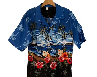 VTG Palmwave Hawaii Hawaiian Shirt / PalmTrees / Dolphins / Flowers / 100% Cotton / Size L