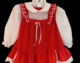 VTG Child’s Dress, Red & White w/ Polka Dots, Long Sleeves, Ruffles, Lace, Winnie The Pooh, 20-25 Lbs, Made In The USA