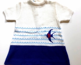 Vtg Little Girls Blue and White Knit Dress With A Fish