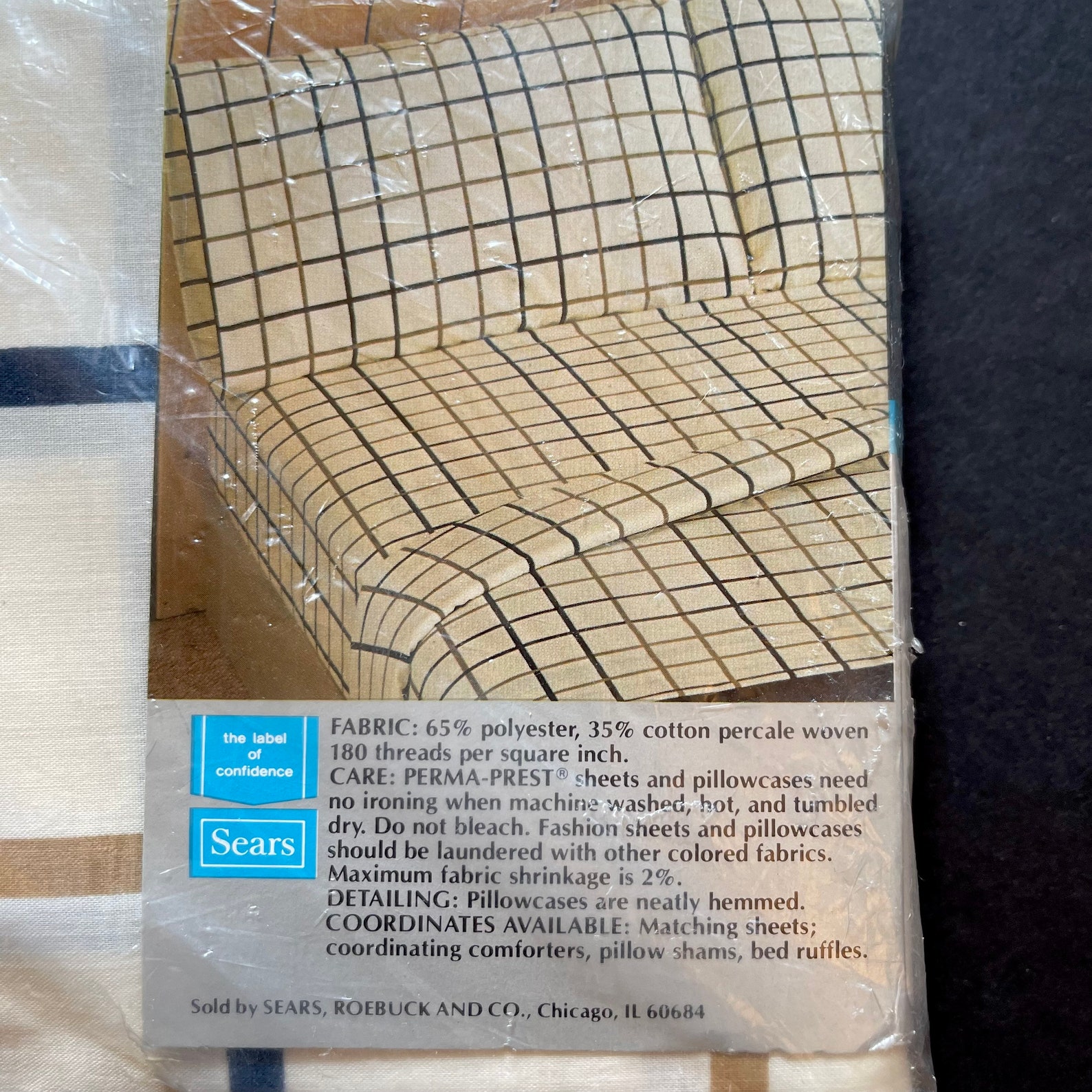 2 VTG King Size Pillowcases, Sears, Beige Tan & Navy Blue Plaid, New in