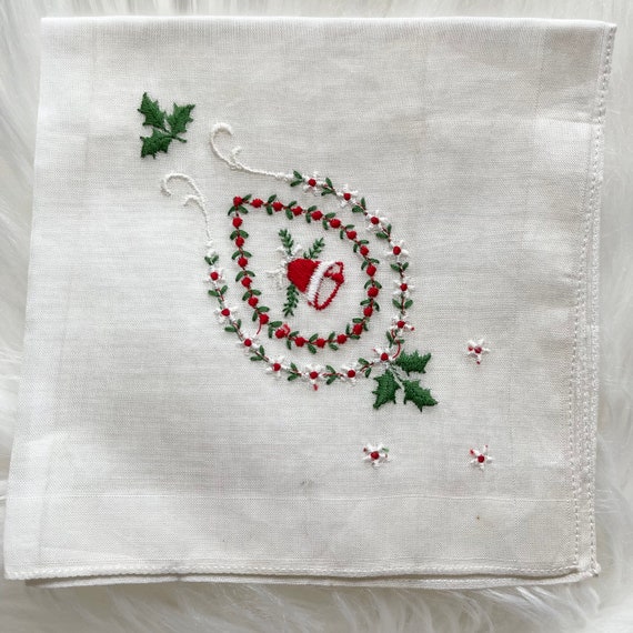 VTG Christmas Hanky, Bell Holly Flowers, Embroide… - image 1