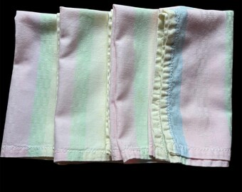 Set Of 4 VTG Pastel Striped Cloth Napkins - Pink, Blue, Yellow, and Green - 16”