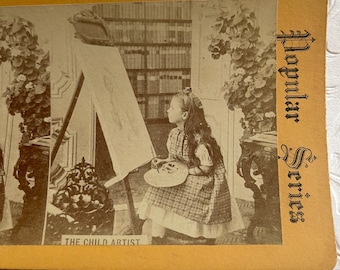 VTG Stereoview Card - The Child Artist - Victorian Girl Painting - Popular Series