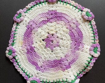 VTG 7” Round Doily - Purple, White, and Green - Flowers