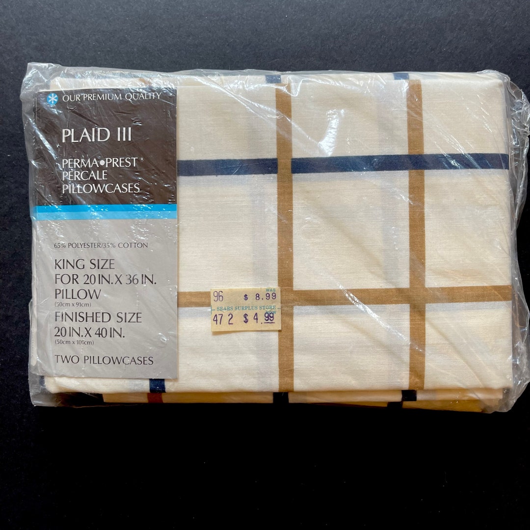 2 VTG King Size Pillowcases, Sears, Beige Tan & Navy Blue Plaid, New in