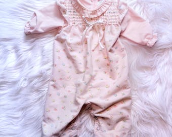 VTG 3 Mo Carters Corduroy Romper - Pastel Pink - Tiny Flowers - Made In The USA