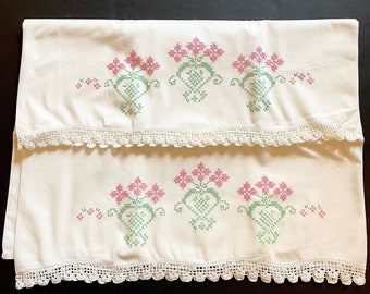 2 VTG Embroidered Pillowcases, Pink Flowers, Green Hearts, Cross Stitch, 50’s