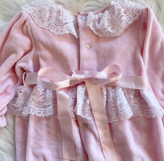 VTG 6-9 Mo Pink Velour Romper, 80’s - image 4