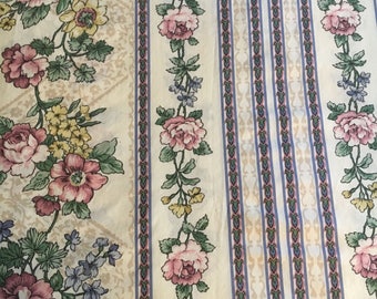 Vtg Full Flat Bed Sheet - Pastel Flowers and Stripes - Thomaston
