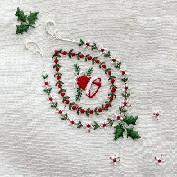 VTG Christmas Hanky, Bell Holly Flowers, Embroide… - image 2