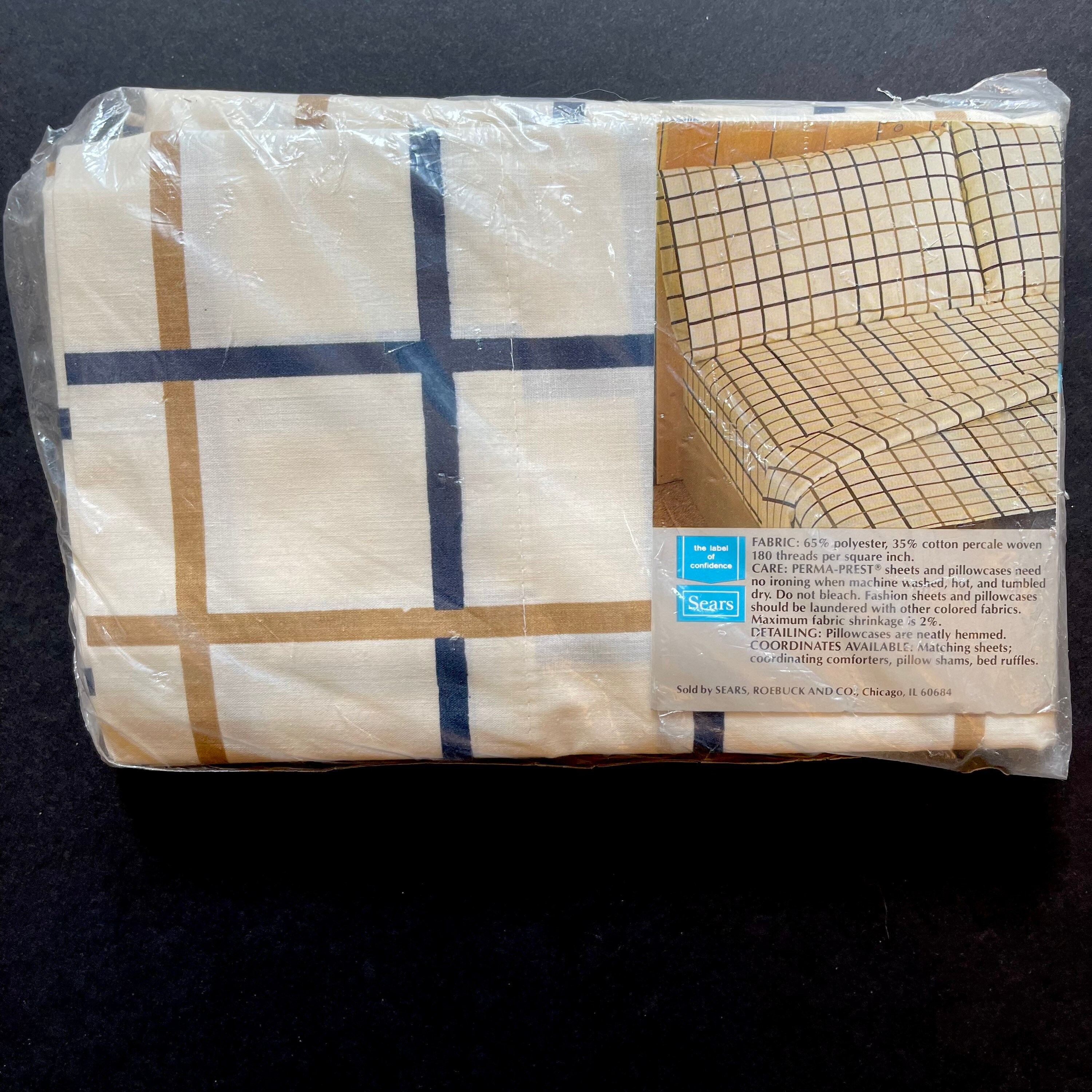2 VTG King Size Pillowcases, Sears, Beige Tan & Navy Blue Plaid, New in