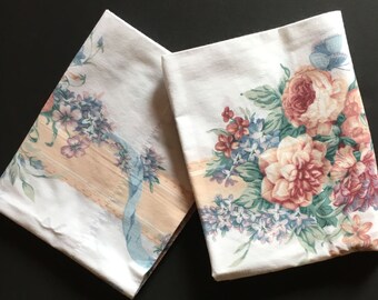 2 Vtg Pillowcases / White with Peach and Purple Flowers and Peach and Blue Ribbons / Dan River