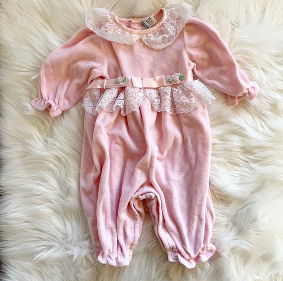 VTG 6-9 Mo Pink Velour Romper, 80’s - image 2