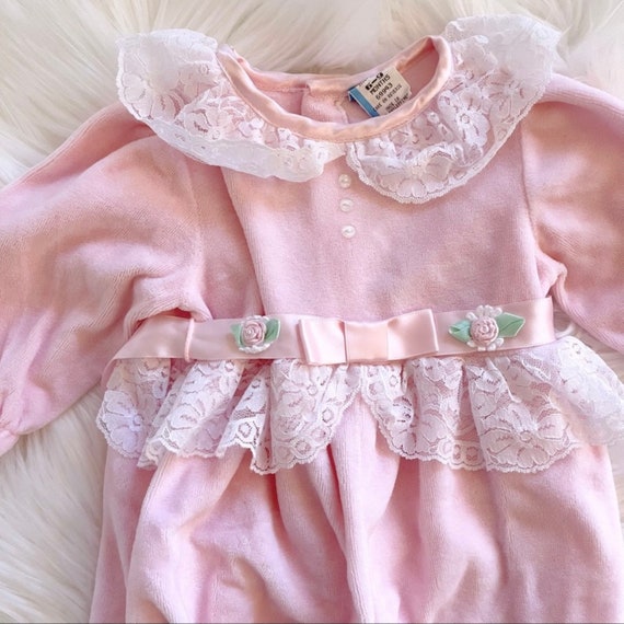 VTG 6-9 Mo Pink Velour Romper, 80’s - image 1