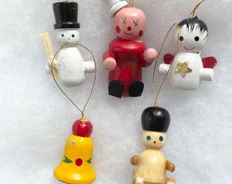 5 Small Vintage Christmas Ornaments, Wooden, Snowman, Bell, Angel, Clown, Sledding