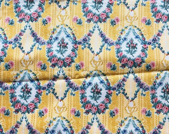 Vtg Spectrum Floral Upholstery Fabric -  Yellow w/ Pink Roses - 4 Yards 32" by 54"