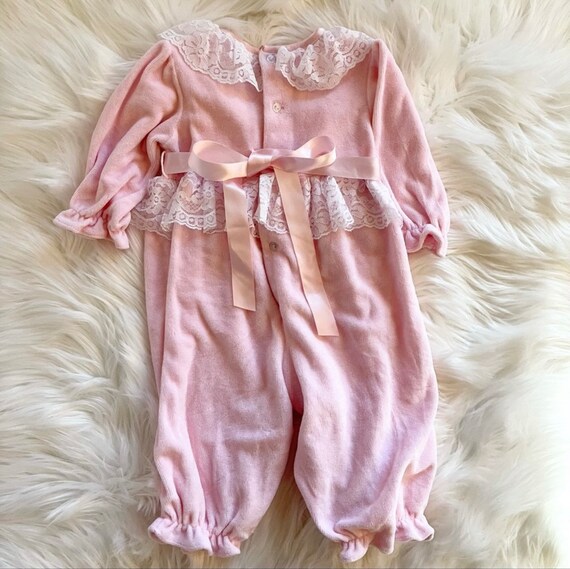 VTG 6-9 Mo Pink Velour Romper, 80’s - image 5