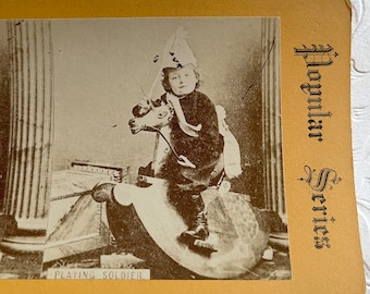 VTG Stereoview Card - Playing Soldier - Little Boy In A Soldier Costume Riding A Rocking Horse - Popular Series