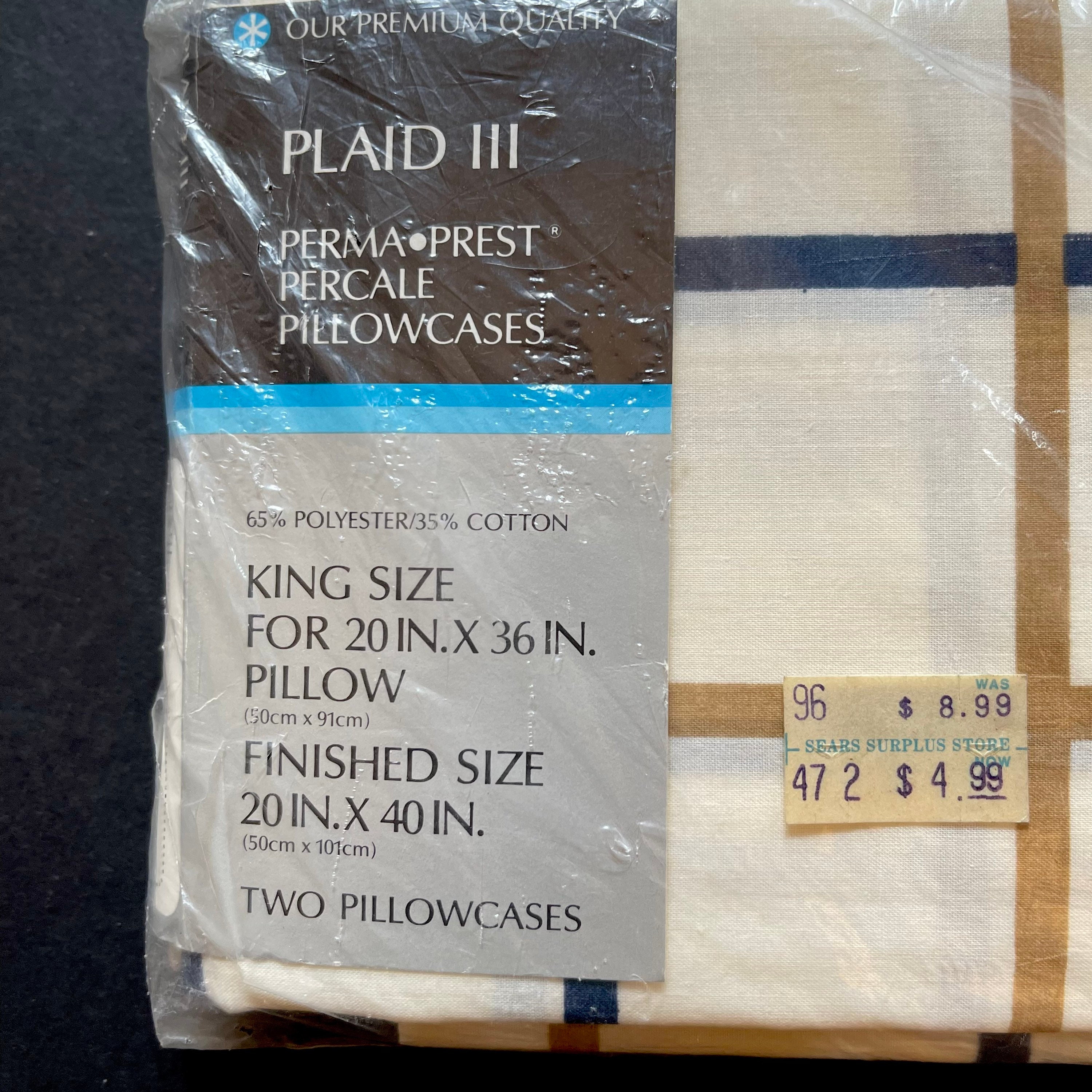 2 VTG King Size Pillowcases, Sears, Beige Tan & Navy Blue Plaid, New in