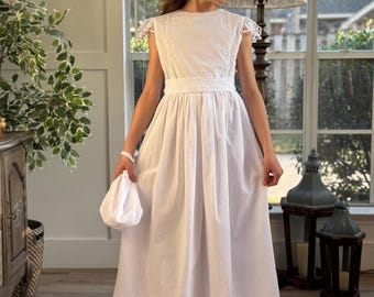 First Communion White Pique Girl's Dress With High Waist,and Beautiful Sash  in Beige Silk. Spanish Style. Classic Communion Dress White - Etsy