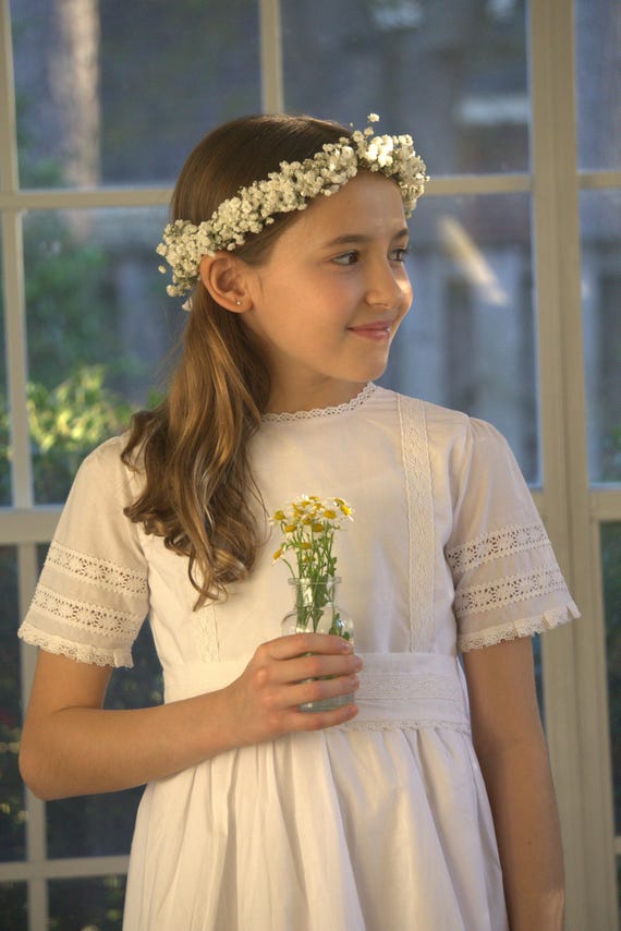 Handmade White Cotton First Communion Dress, Crochet Lace, Matching Bag