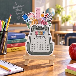 May include: A die-cut desk calendar shaped like a gray backpack, displaying the January 2027 calendar month. The backpack is topped with illustrations of school supplies including a ruler, pencil, tape, and binder clips, all resting on a wooden easel.