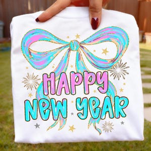 Feliz Año Nuevo 2026 PNG, Lazo de Nochevieja Preppy Coquette PNG, Fiesta de Fuegos Artificiales, Hola 2026, ¡Saludos Año Nuevo! Descarga Digital