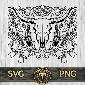 Tooled Leather Longhorn Skull Coquette SVG PNG Dxf, Sheridan Style Carving Tooling Pattern, Western Leathercraft Cut File