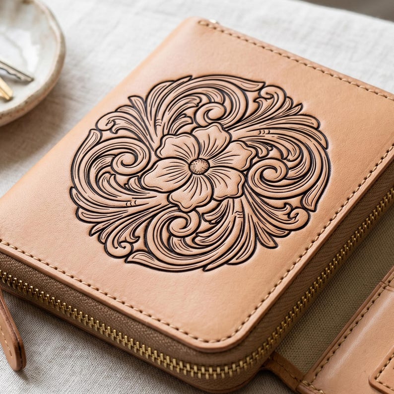 Tooled Leather SVG Bundle | Western Floral Tumbler Wrap PNG | Leather Tooling Pattern DXF | Floral Carving Cut File | Cricut Silhouette image 3