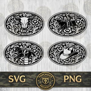 May include: Four oval belt buckles featuring black and white western-themed engravings. Designs include a steer skull, a bull rider, a barrel racer on horseback, and a cowboy hat, all surrounded by intricate floral scrollwork and rope borders.