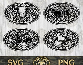 Rodeo Belt Buckle SVG Bundle PNG DXF | Bull Rider Barrel Racer Longhorn | Tooled Leather Patch Cut File | Laser Engrave Glowforge Vector