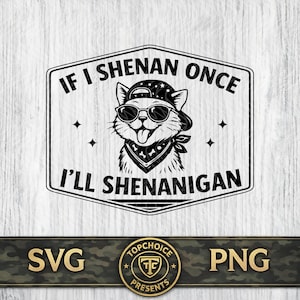 May include: Black and white graphic of a cat wearing sunglasses, a bandana, and a hat. The text "IF I SHENAN ONCE I'LL SHENANIGAN" is above and below the cat. The image is in a black and white hexagon shape.