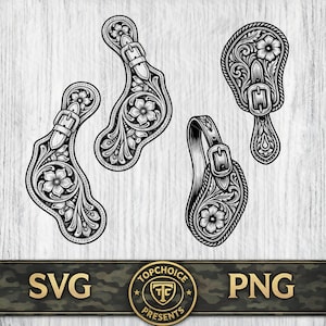 May include: Black and white illustration of four pieces of tooled leather, likely for equestrian use. Each piece features floral and scroll designs, with buckles and straps. The image includes the text "SVG" and "PNG".