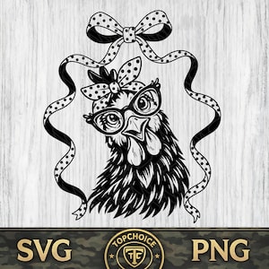 Puede incluir: Gráfico en blanco y negro de una gallina con gafas y un lazo de lunares. La gallina tiene un lazo en la cabeza y una cinta con lunares. La imagen incluye el texto "SVG" y "PNG".
