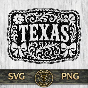 May include: Black and white decorative belt buckle design with the word "TEXAS" in bold letters. The buckle features floral and scrollwork patterns, with bows on each corner. The design is framed by a rope-like border.