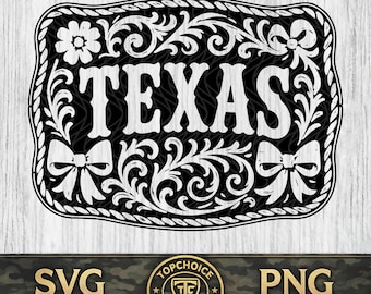 Texas Coquette SVG PNG, Western Tooled Leather Buckle Design, Floral Scrollwork Cowgirl Logo, Hat Patch Laser Engraving File