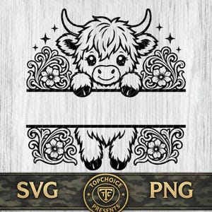 May include: Black and white SVG and PNG design featuring a Highland cow with a smiling face, horns, and decorative floral elements. The design includes space for text and the words "SVG" and "PNG".