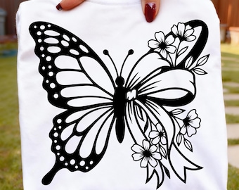 Arquivo SVG de borboleta floral com laço moderno e charmoso | PNG de arte linear estética | Design de camiseta boho soft girl | Arquivo de corte de flor minimalista