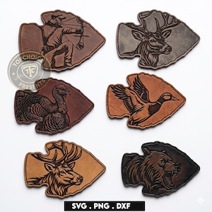 Jaktpilspets SVG-paket | Hjort, älg, kalkon, björn, anka, båge, jägare PNG | Läderhattlappdesign | Silhuettklippfil | Lasergravyr