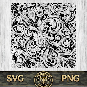 Könnte beinhalten: Eine schwarz-weiße digitale Grafik mit einem sich wiederholenden Damastmuster aus komplexen, wirbelnden Akanthusblättern und floralen Elementen. Das Design wird im quadratischen Format präsentiert, mit dem Text SVG und PNG am unteren Rand.