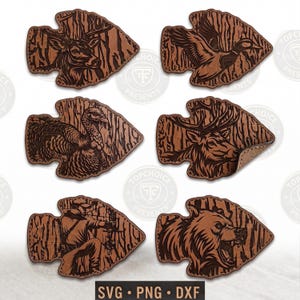 Jaktpilspets SVG-paket | Hjort, älg, kalkon, björn, anka, båge, jägare PNG DXF, hattlappdesign, utomhuskamouflage-klippfil, lasergravyr