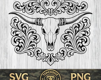 Tooled Leather Longhorn Skull SVG PNG Dxf, Sheridan Style Carving Tooling Pattern, Western Leathercraft Cut File