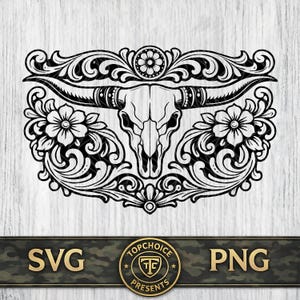 May include: Black and white graphic of a bull skull with long horns, surrounded by floral and scrollwork designs. The design includes the text "SVG" and "PNG" with a circular logo that says "TOPCHOICE PRESENTS".