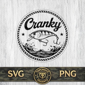 May include: Black and white graphic of a fishing lure with the word "Cranky" in a circular design. The lure is above stylized waves, with stars and a rope border. Below is a banner with "SVG" and "PNG" and a circular logo.