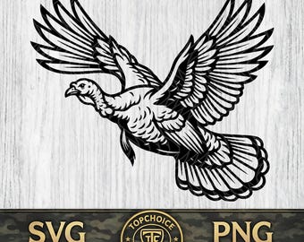 SVG de Peru Selvagem Voando | PNG de Caça ao Peru na Primavera | Patch para Boné com Gravação a Laser | Arquivo para Corte a Plasma CNC | Roupas para Aventureiros