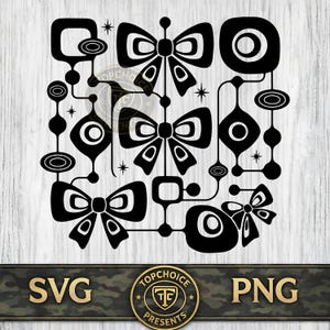 May include: A black graphic design featuring stylised bows, circular shapes, and square frames connected by thin lines, accented with small four-pointed stars. The design is presented on a light wood grain background with a bottom banner labelled SVG and PNG.