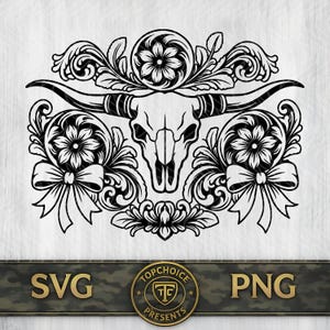 Tooled Leather Longhorn Skull Coquette SVG PNG Dxf, Sheridan Style Carving Tooling Pattern, Western Leathercraft Cut File