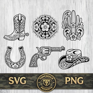 May include: A collection of six black and white graphic illustrations featuring a cowboy boot with a spur, a floral mandala, a cactus, a horseshoe, a revolver, and a cowboy hat, all decorated with intricate scrollwork and floral patterns.